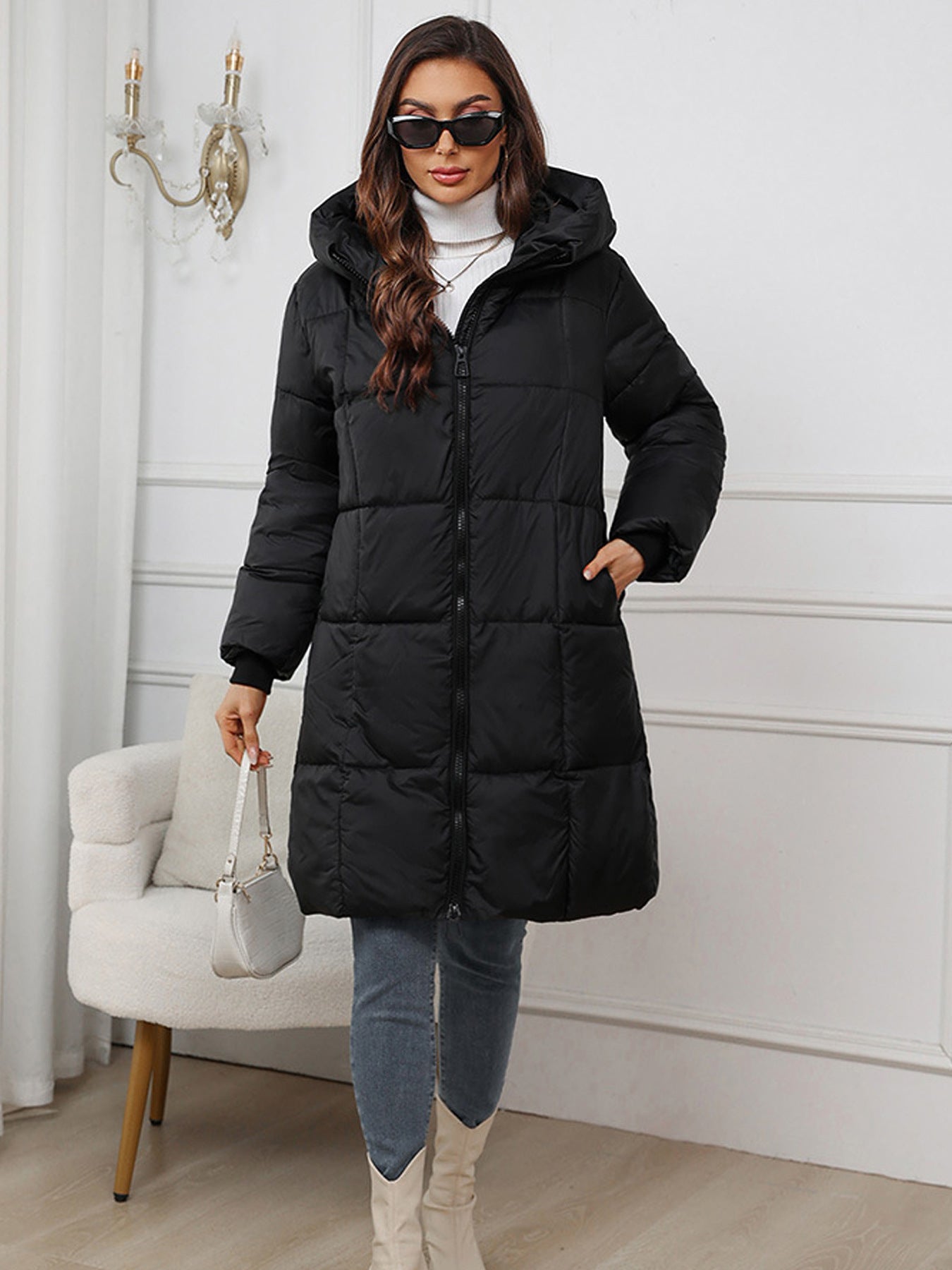 Mireille | Lange donzen winterjas met capuchon, volledige ritssluiting, warm en waterdicht voor dames