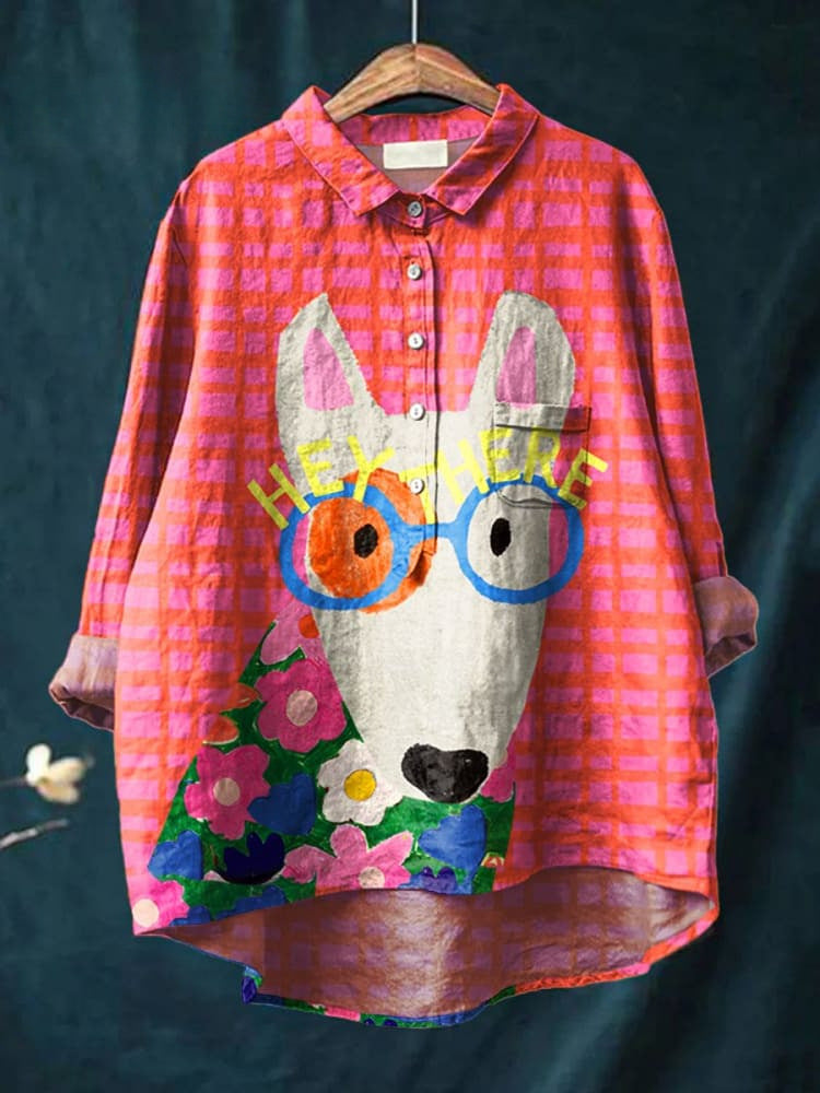 Elza | Oversized Damesshirt met Hondenkunst print - Lange Mouw Katoenen Casual Blouse