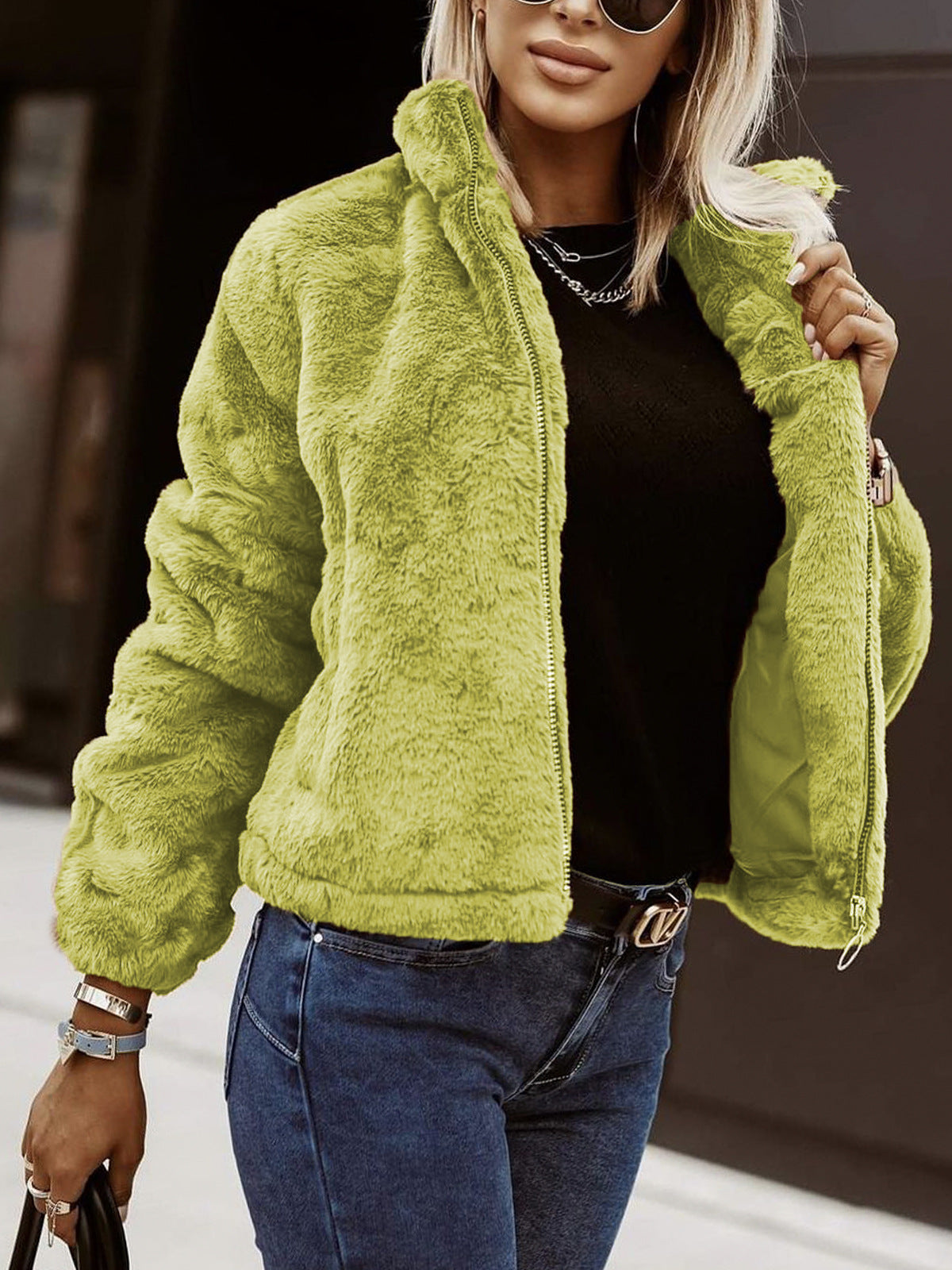 Cendrine | Pluche damesjas met ritssluiting, oversized jas van imitatiebont, winterjas met hoge kraag