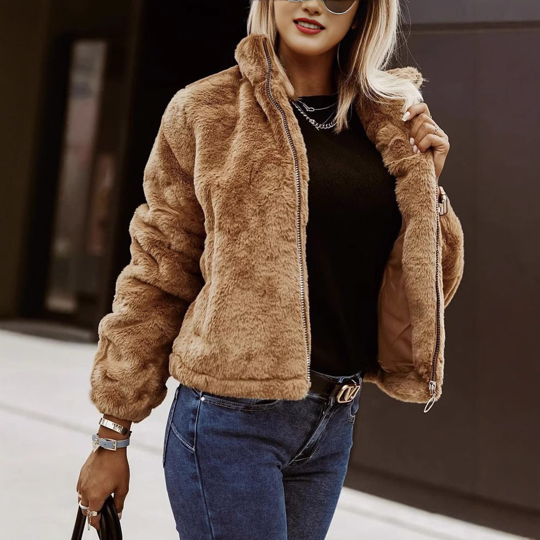 Cendrine | Pluche damesjas met ritssluiting, oversized jas van imitatiebont, winterjas met hoge kraag