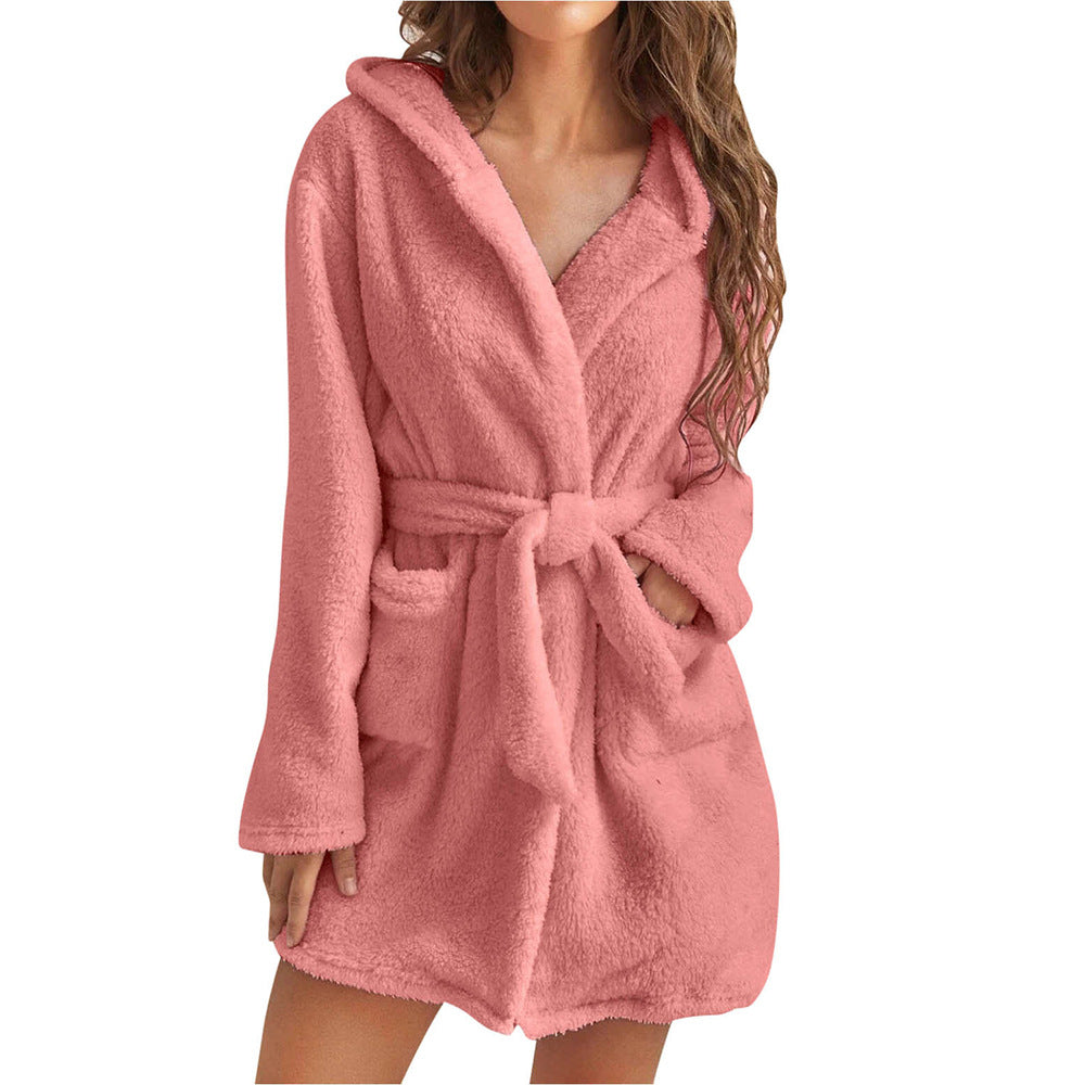 Hoodelle | Fleece badjas voor dames – Zachte badjas met capuchon en strikceintuur, comfortabele warme loungewear