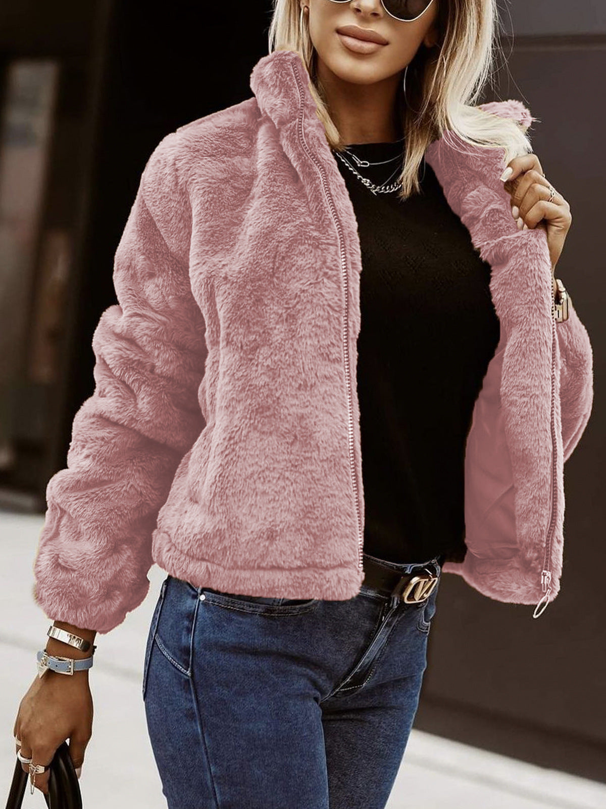 Cendrine | Pluche damesjas met ritssluiting, oversized jas van imitatiebont, winterjas met hoge kraag