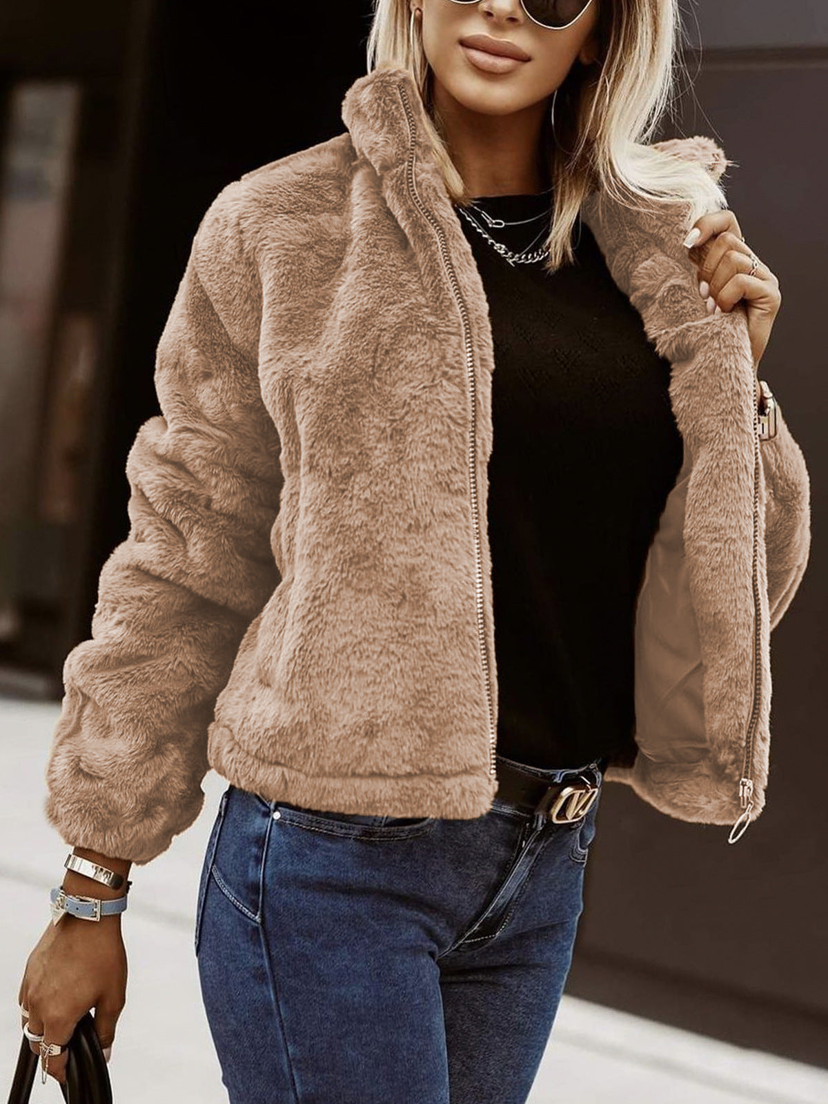 Cendrine | Pluche damesjas met ritssluiting, oversized jas van imitatiebont, winterjas met hoge kraag