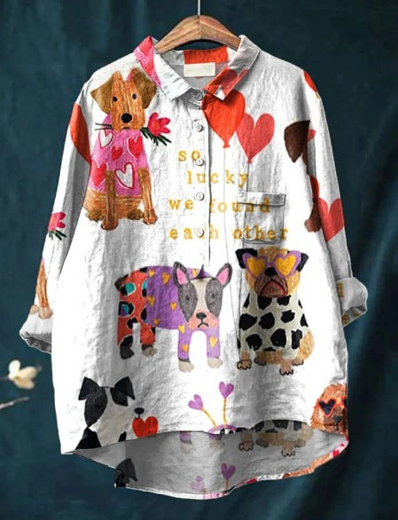 Elza | Oversized Damesshirt met Hondenkunst print - Lange Mouw Katoenen Casual Blouse
