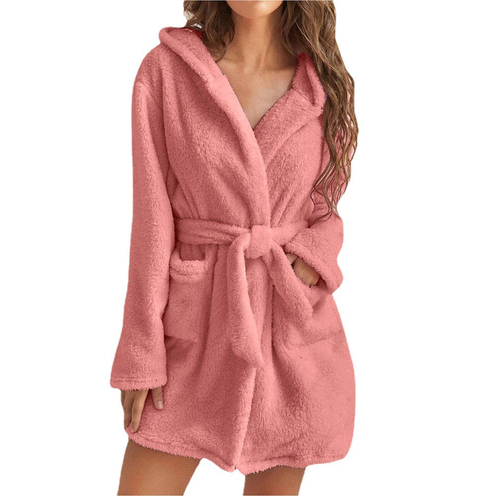Hoodelle | Fleece badjas voor dames – Zachte badjas met capuchon en strikceintuur, comfortabele warme loungewear