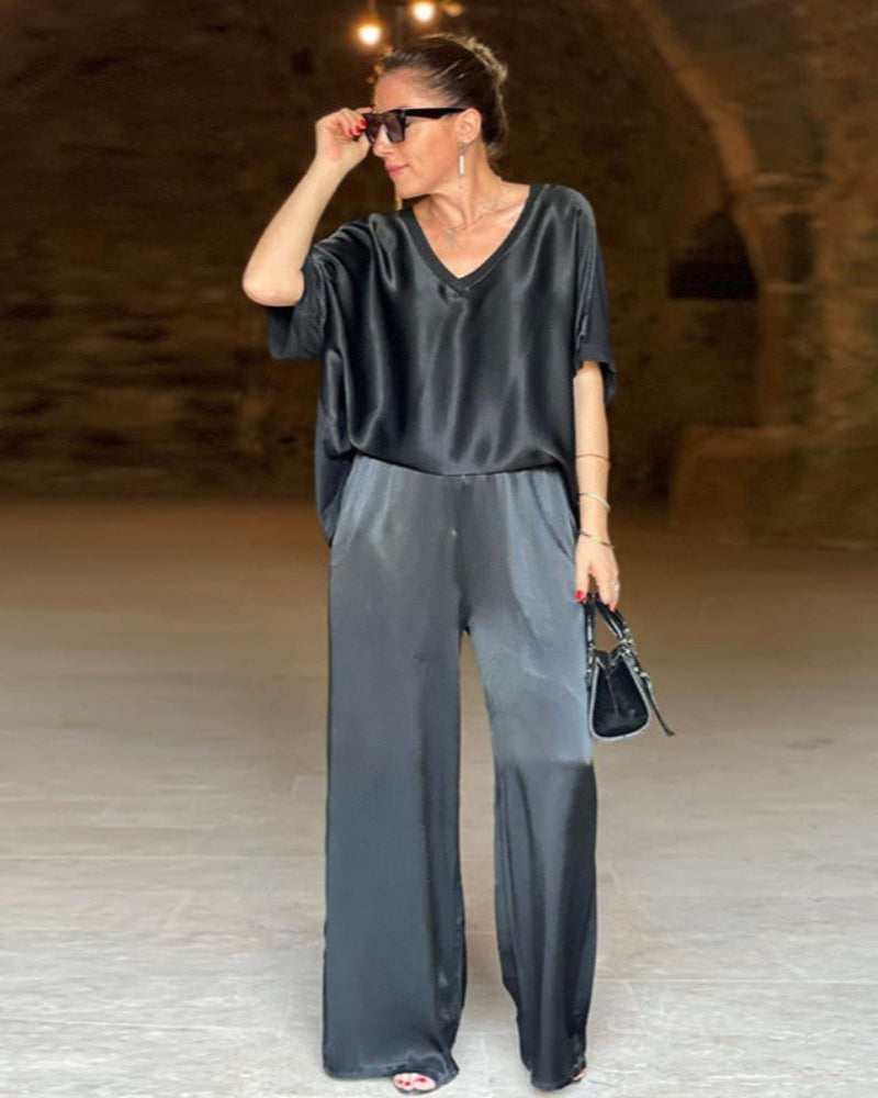 Zephara | Elegant satin 2-piece set - loose v-neck T-shirt & wide-leg pants