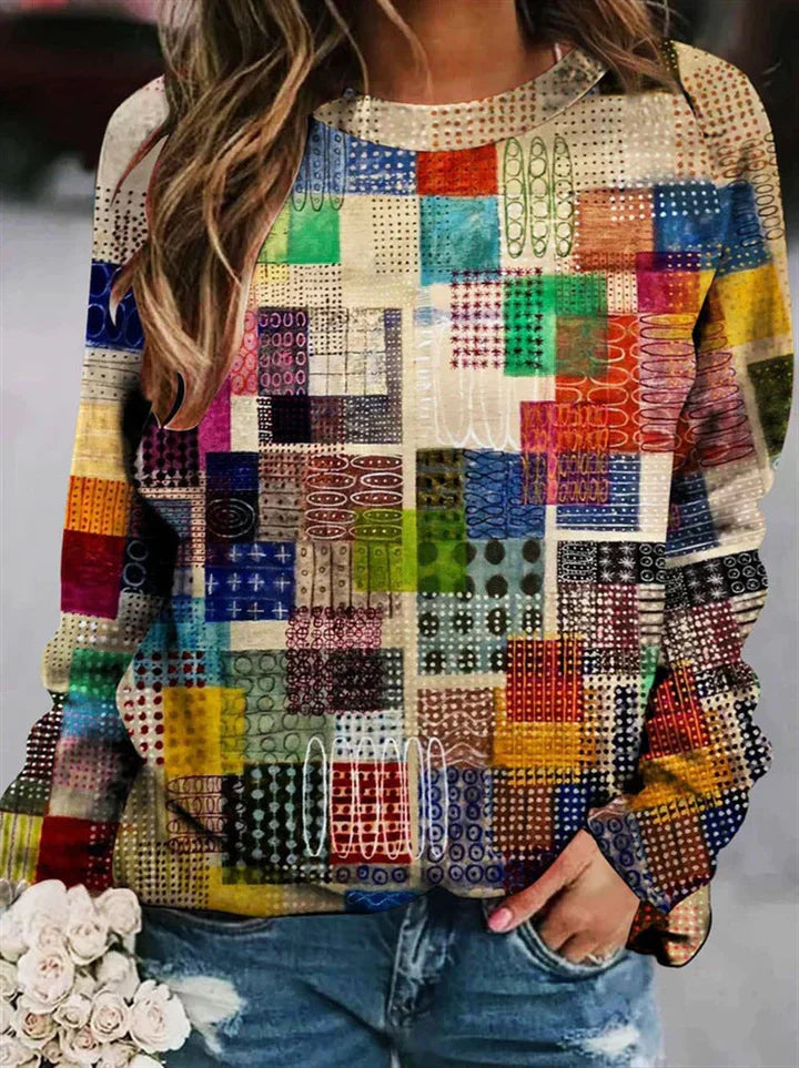 Mira | Kleurrijke damestrui met patroon – Unieke pullover met print, casual relaxte pasvorm