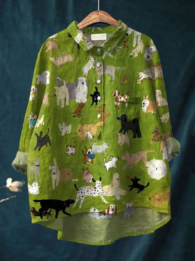 Elza | Oversized Damesshirt met Hondenkunst print - Lange Mouw Katoenen Casual Blouse