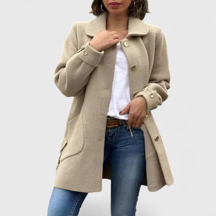Gisara | Elegante lange damesjas – getailleerde pasvorm, klassieke revers, formele en zakelijke bovenkleding