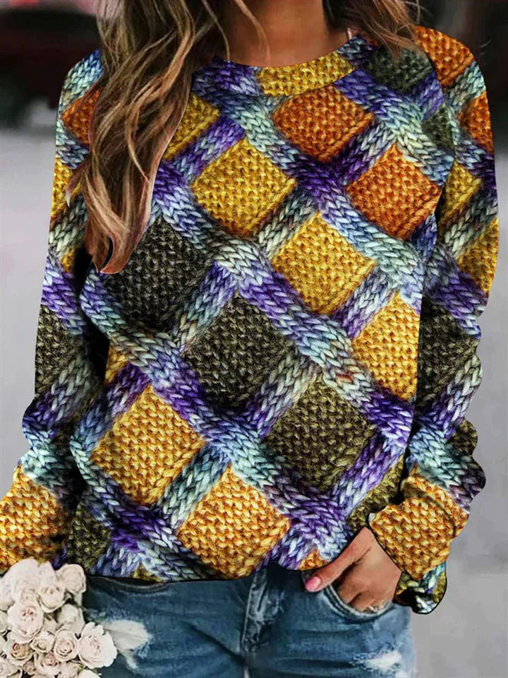Mira | Kleurrijke damestrui met patroon – Unieke pullover met print, casual relaxte pasvorm