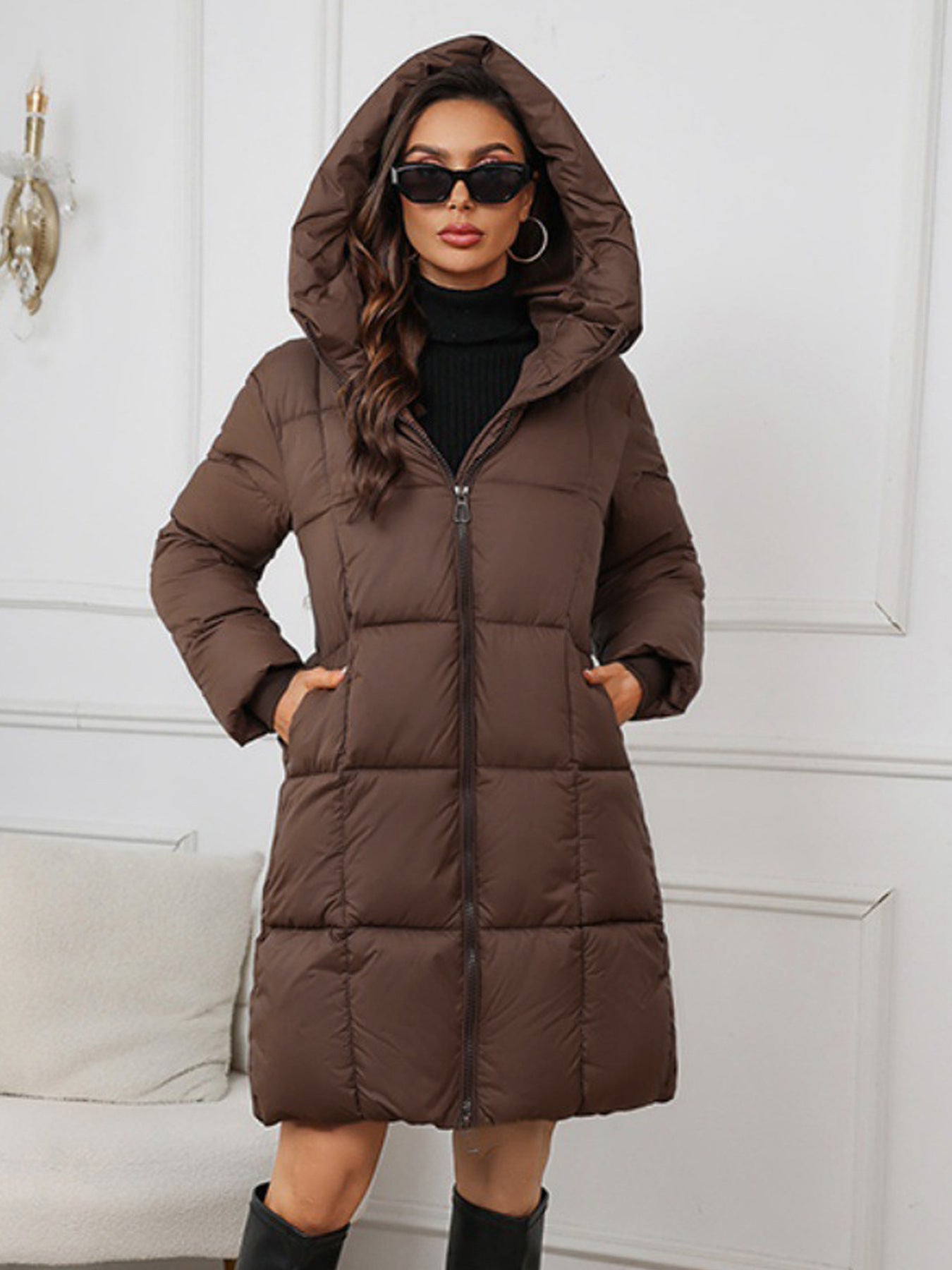 Mireille | Lange donzen winterjas met capuchon, volledige ritssluiting, warm en waterdicht voor dames