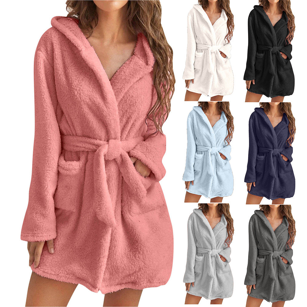 Hoodelle | Fleece badjas voor dames – Zachte badjas met capuchon en strikceintuur, comfortabele warme loungewear