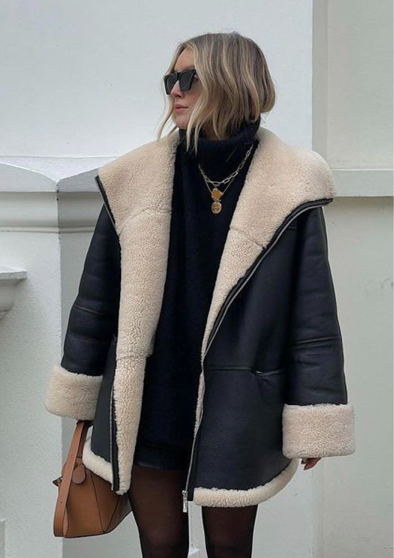 Delyraella | Oversized leren jas voor dames – Warme winterjas met fleecevoering, casual chique bovenkleding