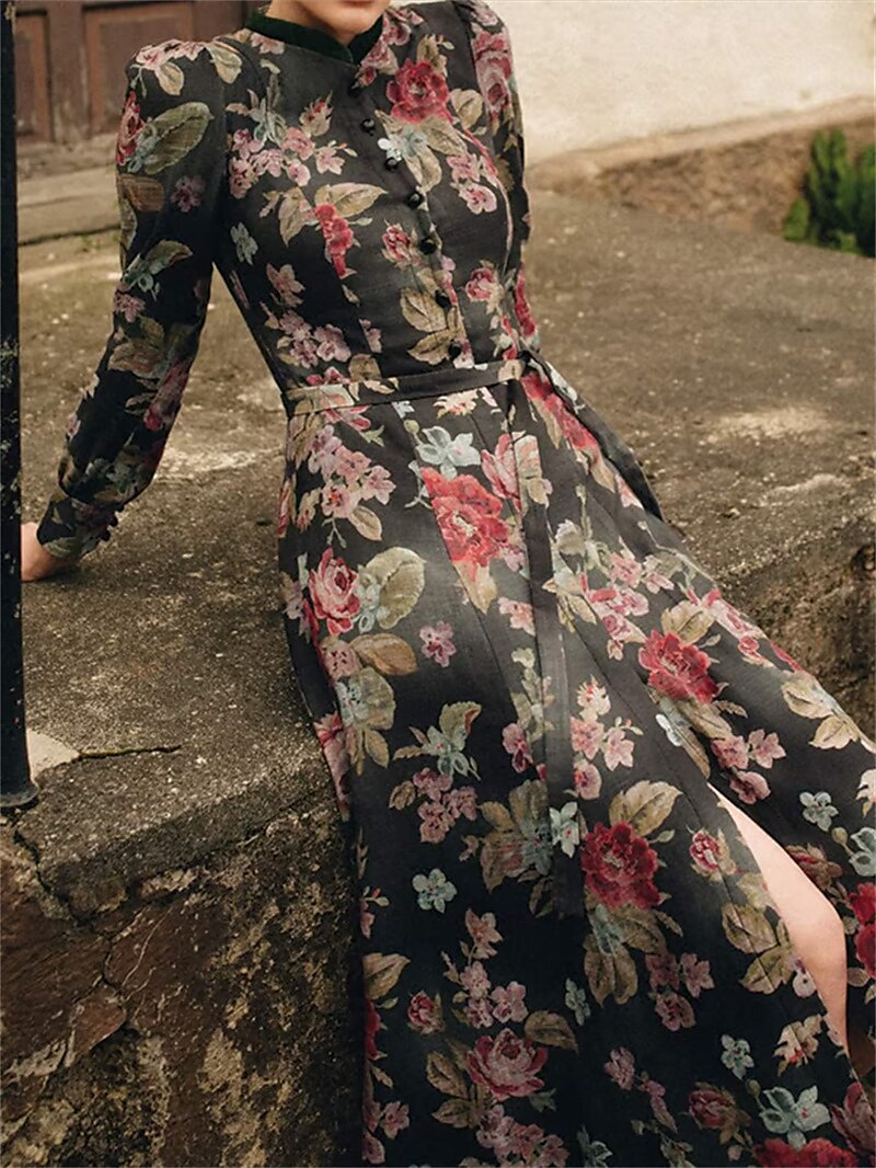 Glynira | Dames Zwarte Vintage Dirndl met Bloemmotief & Schort – Klassieke Oktoberfest Traditionele Jurk