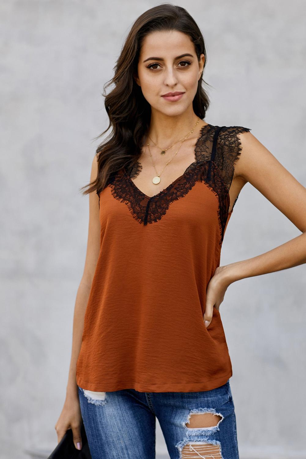 Garrina | Dames Oranje Mouwloze Kant Cami – Slim Fit Tanktop met Spaghettibandjes