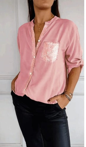 Stella | Elegant Sequin Blouse - Casual Button-Down Top with Adjustable Cuffs
