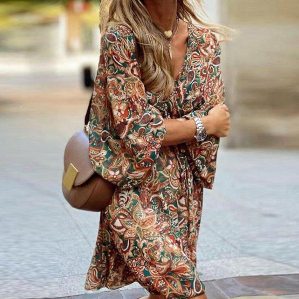 Ismena | Elegant mini dress with paisley print - V-neck, long bishop sleeves