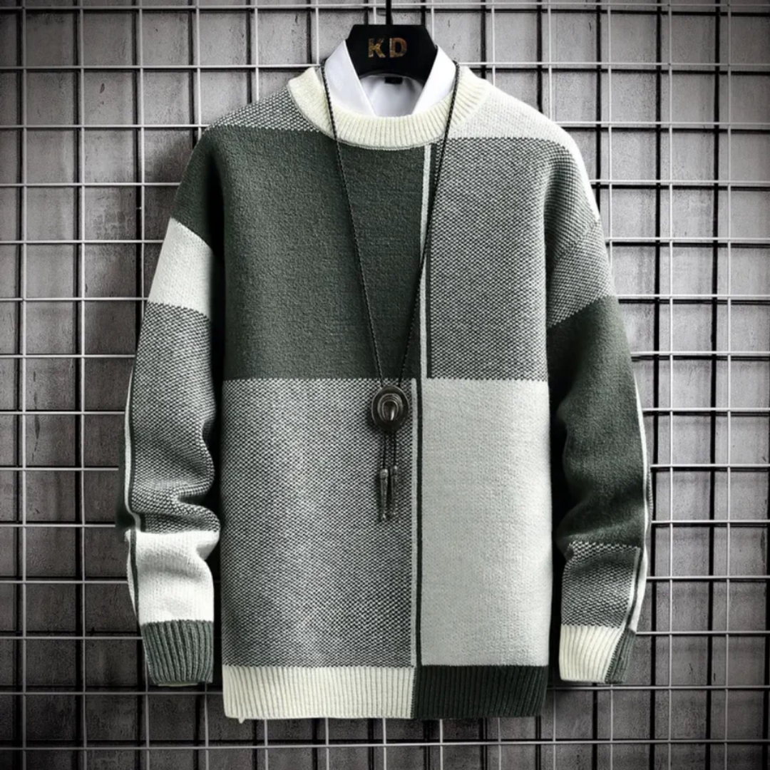 Folkan | Pull chaud pour homme, manches longues, col rond et patchwork à carreaux – Confortable et élégant