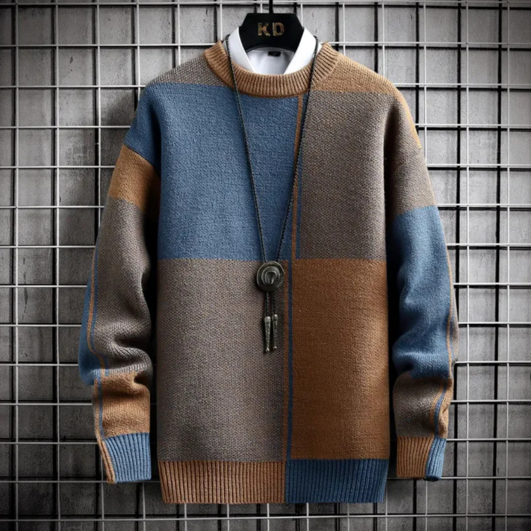 Folkan | Pull chaud pour homme, manches longues, col rond et patchwork à carreaux – Confortable et élégant