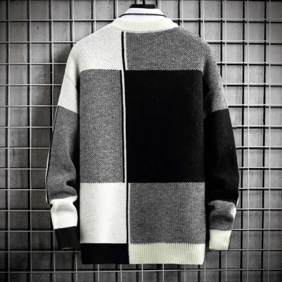 Folkan | Pull chaud pour homme, manches longues, col rond et patchwork à carreaux – Confortable et élégant