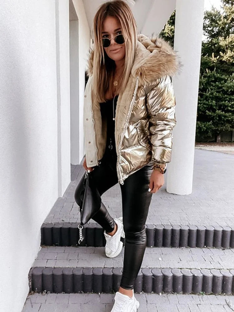 Emalisse | Metallic winterjas voor dames met bontkraag, gewatteerde jas, stijlvolle warme bovenkleding