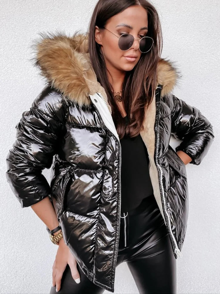 Emalisse | Metallic winterjas voor dames met bontkraag, gewatteerde jas, stijlvolle warme bovenkleding