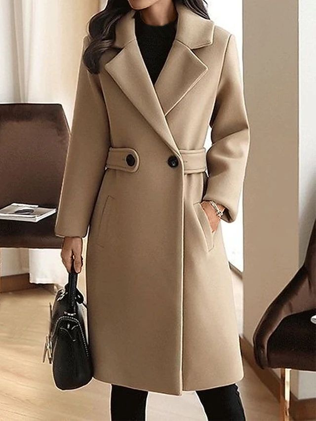 Brinley | Dames winterjas van wol, slim fit, met ceintuur, warme elegante overjas, camelkleurig