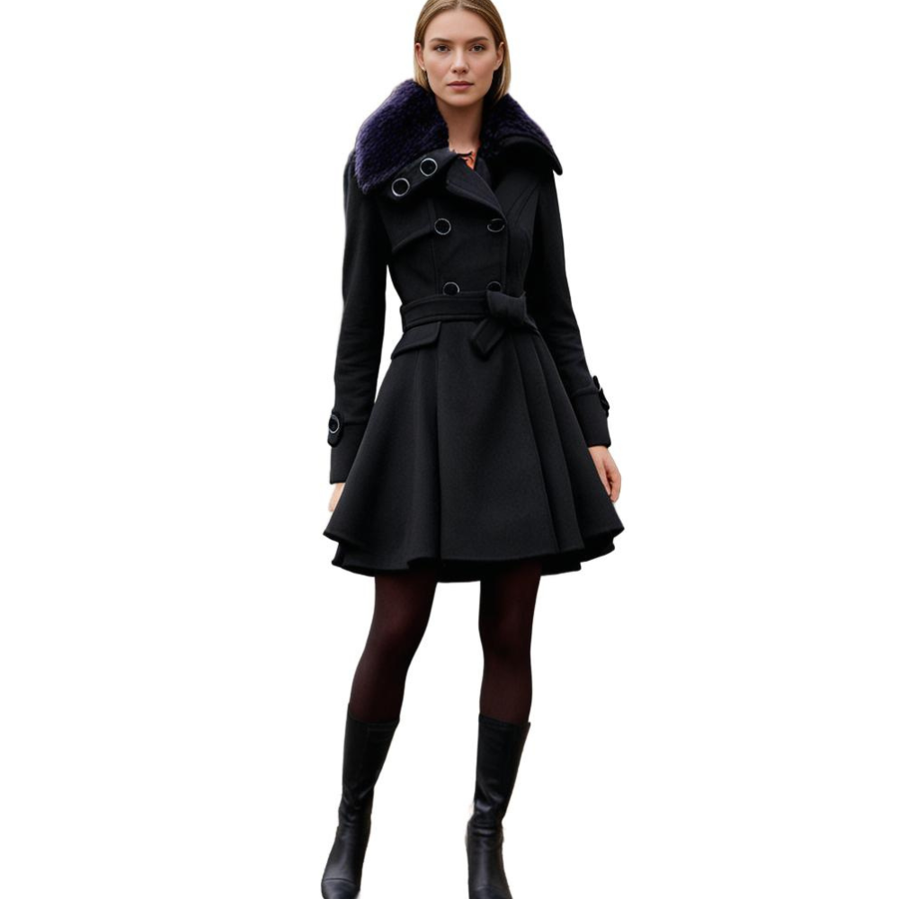 Almera | Winterjas voor dames – met bontvoering, double-breasted, tailleband, warme stijlvolle bovenkleding