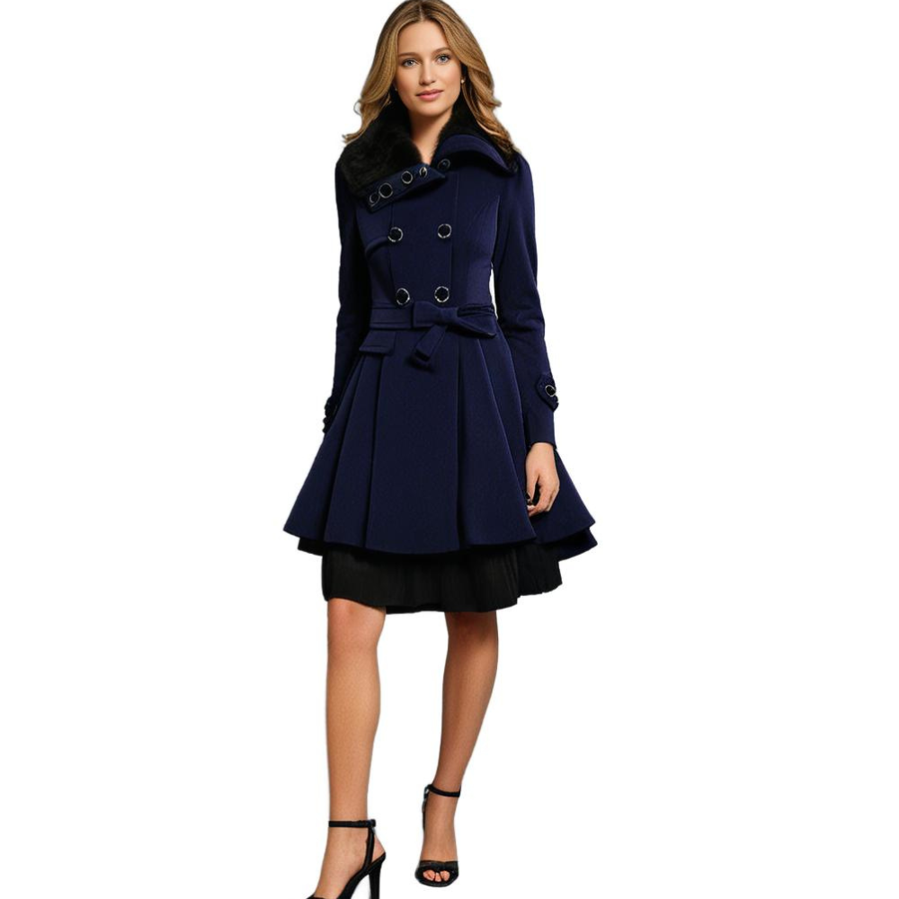 Almera | Winterjas voor dames – met bontvoering, double-breasted, tailleband, warme stijlvolle bovenkleding