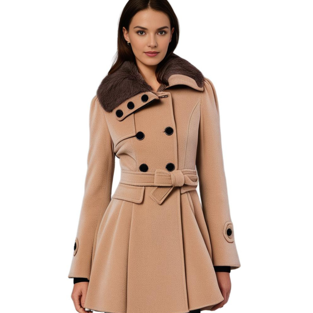 Almera | Winterjas voor dames – met bontvoering, double-breasted, tailleband, warme stijlvolle bovenkleding