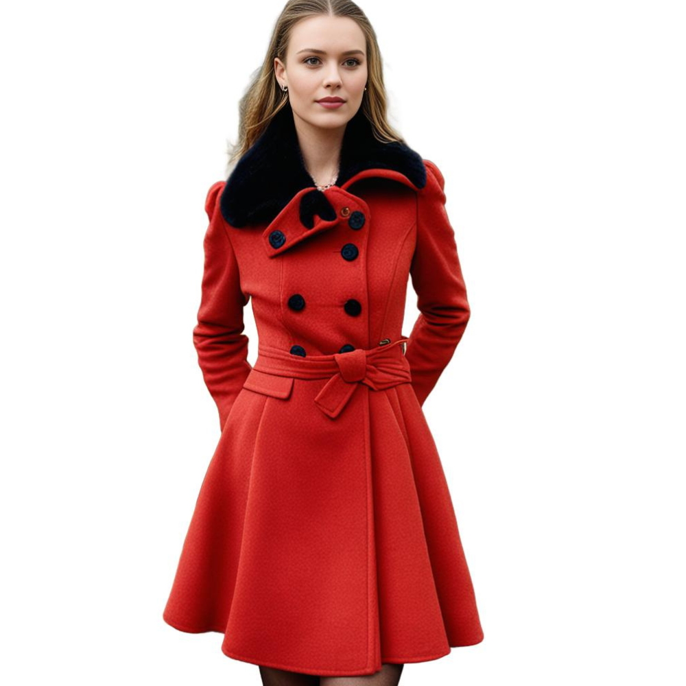 Almera | Winterjas voor dames – met bontvoering, double-breasted, tailleband, warme stijlvolle bovenkleding