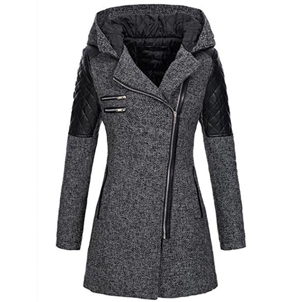Arlina | Lange Winterjas voor Dames met Capuchon en Diagonale Rits – Stijlvolle en Warme Winterjas