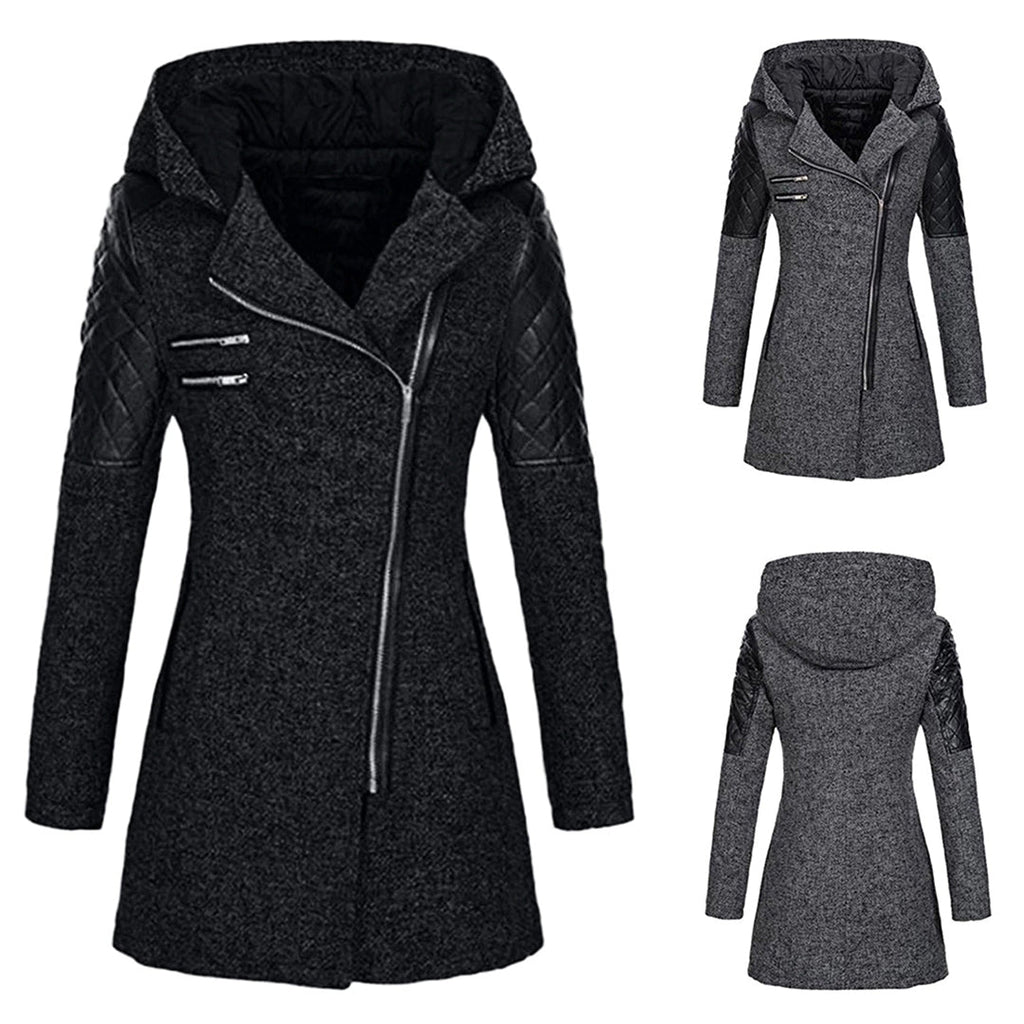 Arlina | Lange Winterjas voor Dames met Capuchon en Diagonale Rits – Stijlvolle en Warme Winterjas