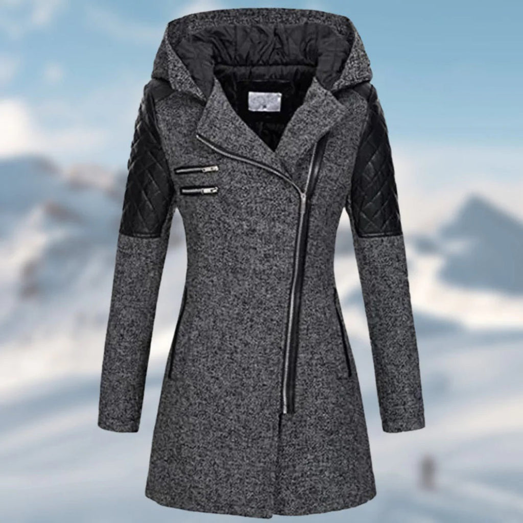 Arlina | Lange Winterjas voor Dames met Capuchon en Diagonale Rits – Stijlvolle en Warme Winterjas