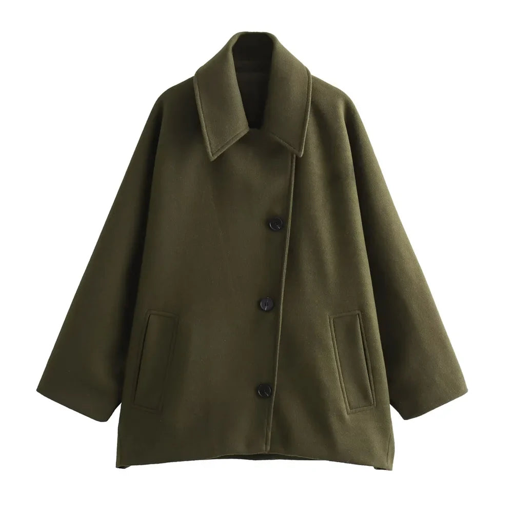 Izabela | Asymmetrische oversized damesjas met enkele knoopsluiting - Stijlvolle bovenkleding