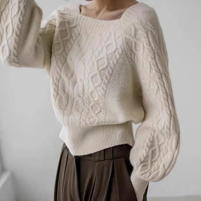 Aviva | Gebreide trui met vierkante hals - Elegante geribbelde trui met lange mouwen voor casual of op kantoor