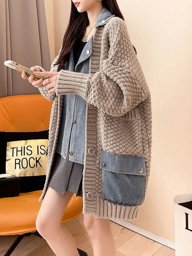 Aisla | Dames Oversized Denim Patchwork Jack - Stijlvol Gebreid Ontwerp, Casual Mode