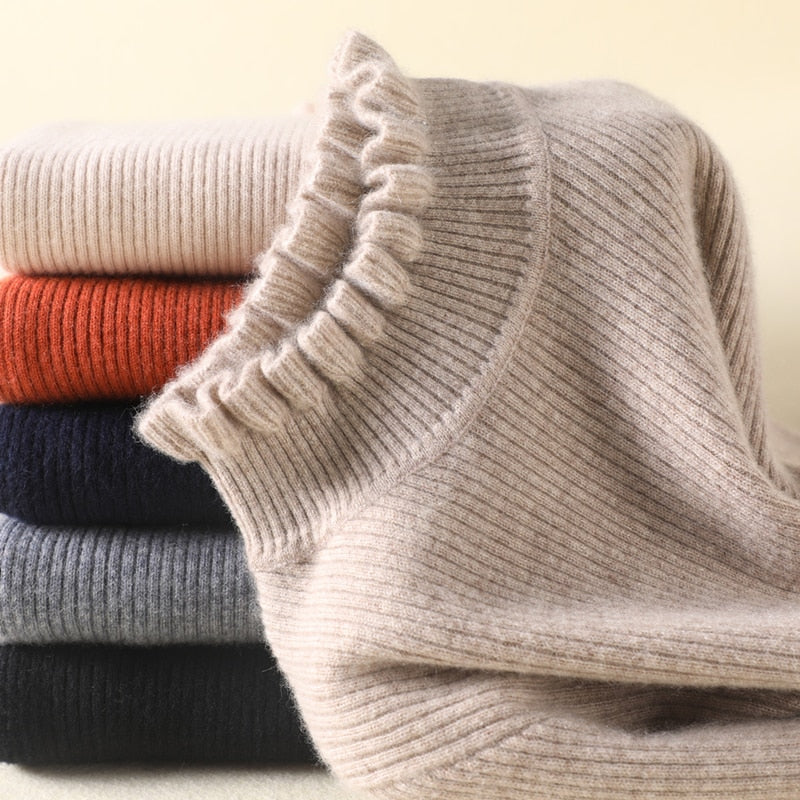 Mariska | Coltrui met gerafelde manchetten voor dames - Zachte, knusse rolkraag trui voor de winter