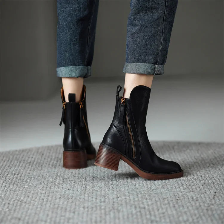 Zyella | Leren dameslaarzen met dikke blokhak – ritssluiting aan de zijkant, stijlvolle casual en elegante schoenen