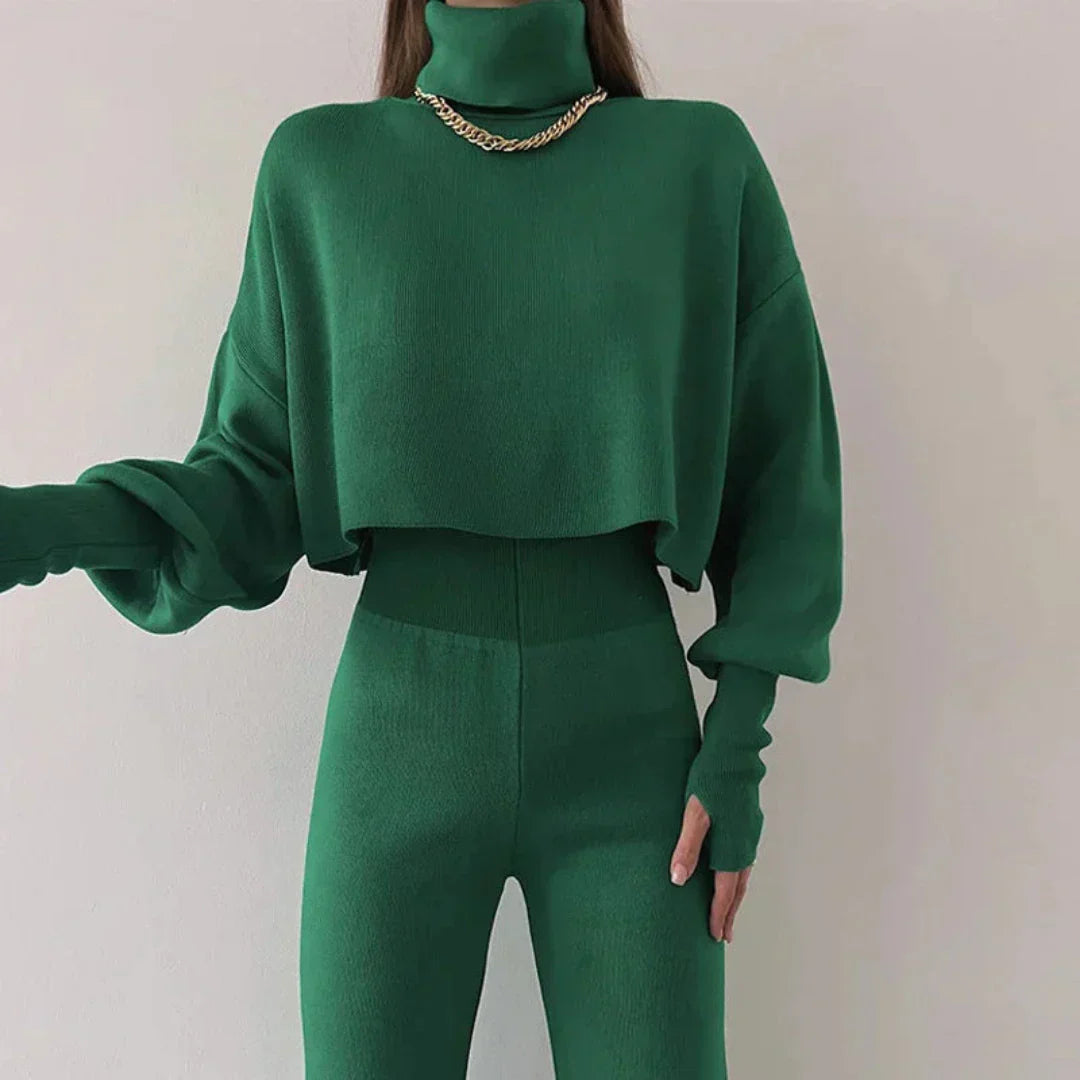 Morgana | Women's Knitted Loungewear Set - Long Sleeve Turtleneck & Wide-Leg Trousers - Cozy, Stylish & Versatile