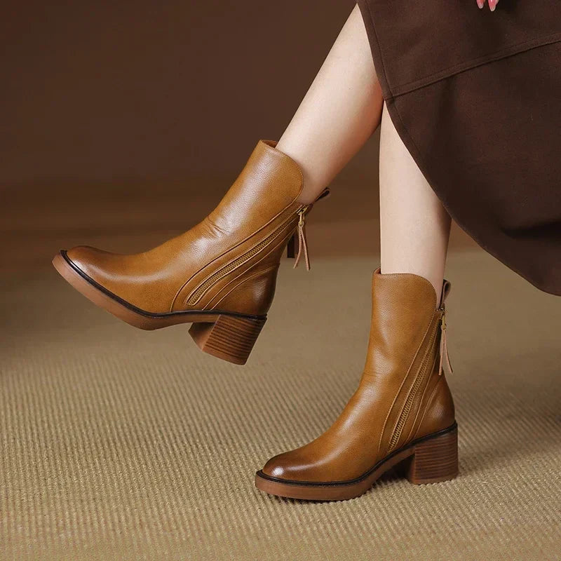 Zyella | Leren dameslaarzen met dikke blokhak – ritssluiting aan de zijkant, stijlvolle casual en elegante schoenen