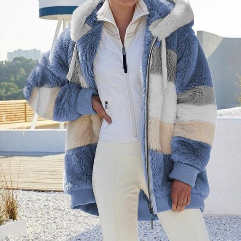 Mirela | Oversized imitatiebontjas met capuchon voor dames - stijlvolle en warme winterjas