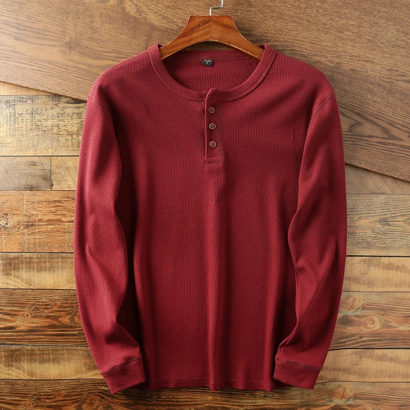 Aleksander | T-shirt Henley à manches longues pour homme – maille gaufrée, mélange de coton de qualité supérieure