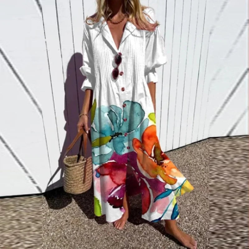 Elettra | Long Women's Dress with Buttons - Boho Style, V-neck
