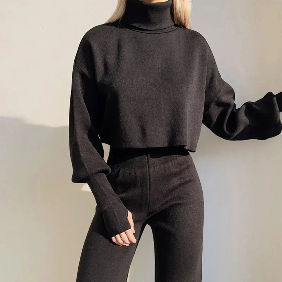 Morgana | Women's Knitted Loungewear Set - Long Sleeve Turtleneck & Wide-Leg Trousers - Cozy, Stylish & Versatile