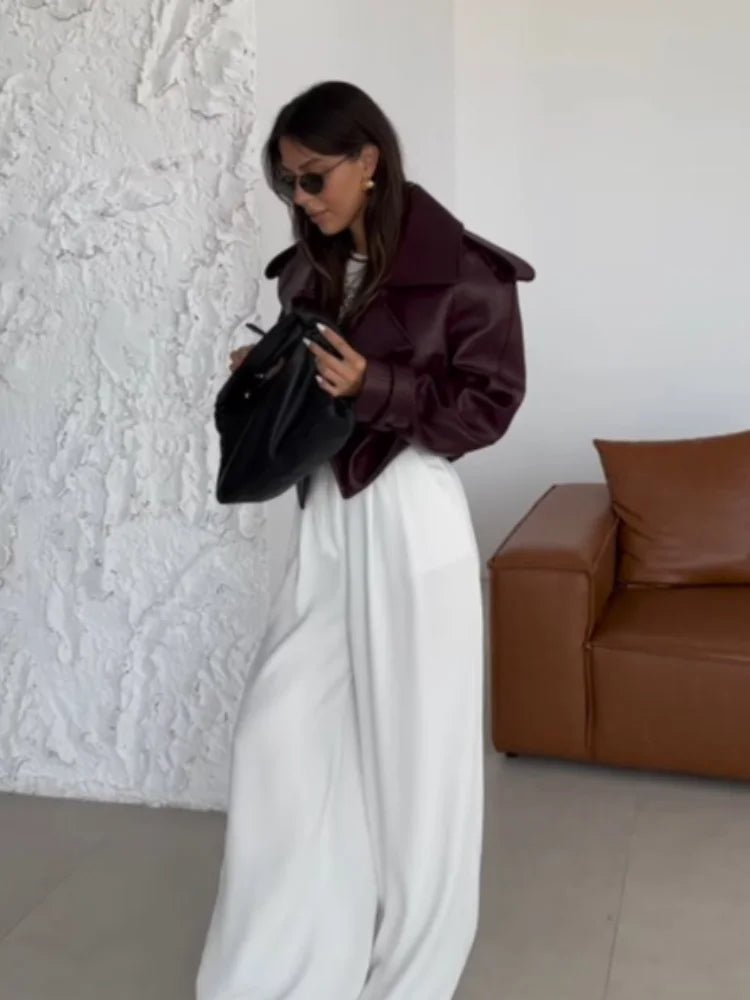 Miriya | Oversized Kort Leren Damesjack - Stijlvolle Cropped Leren Jas met Kraag, Trendy Bovenkleding