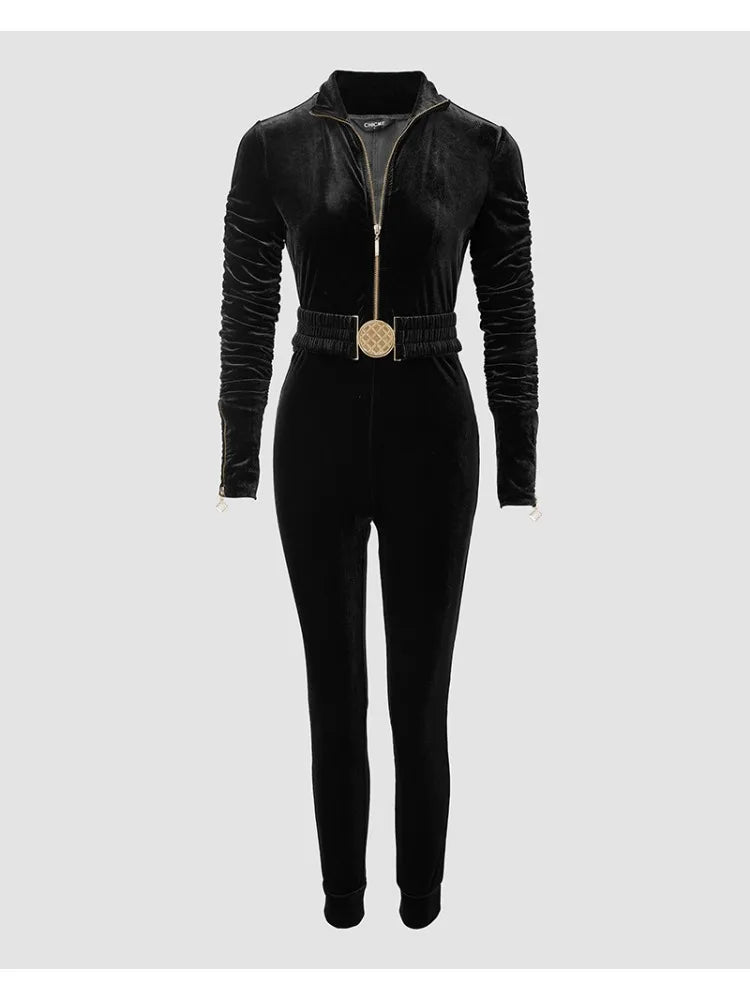 Baila | Jumpsuit in fluweel voor dames met lange mouwen met ruches en rits aan de voorkant
