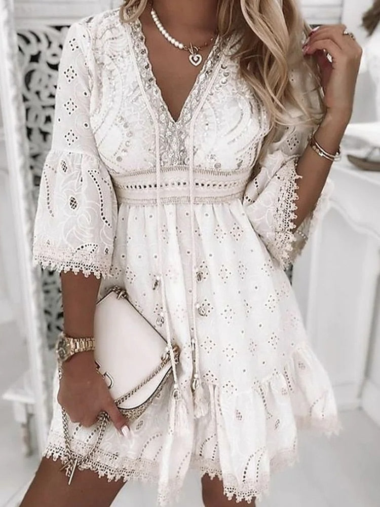 Laetitia | Boho Eyelet Embroidered Short Dress