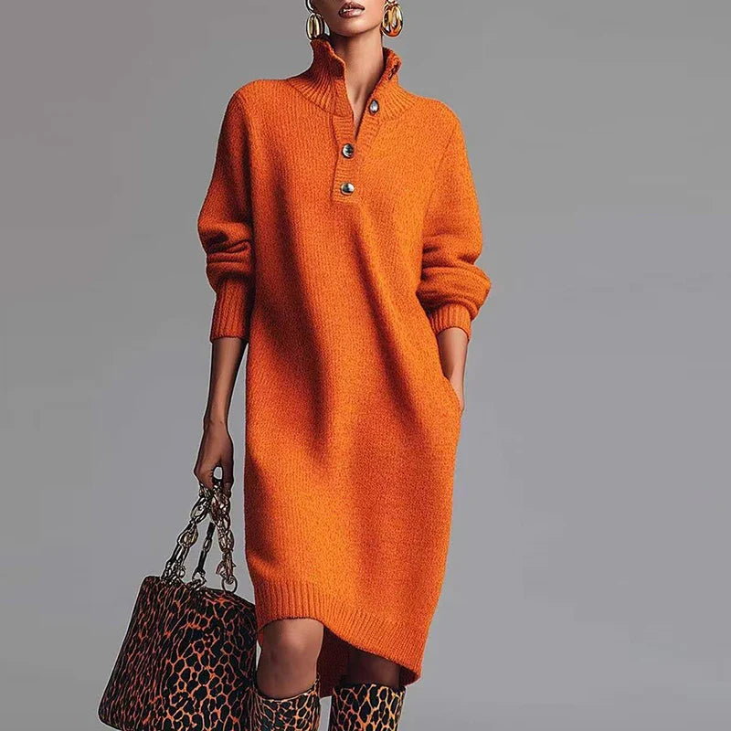 Olenka | Zachte gebreide midi-jurk voor dames – Gebreid met hoge kraag en knopen, casual elegante
