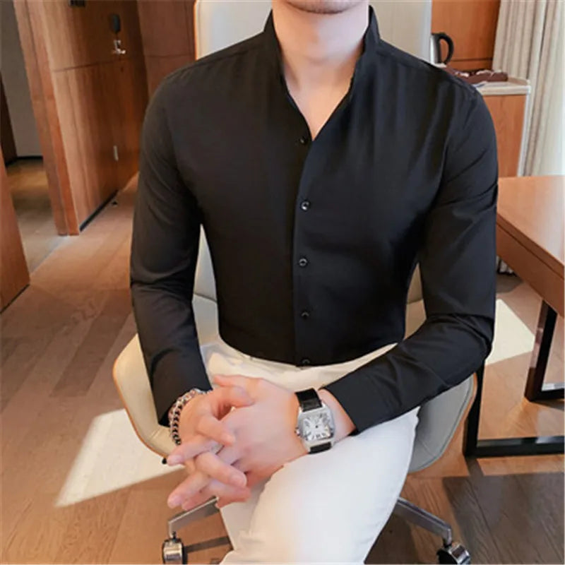 Phileas | Chemise homme à manches longues, col montant, coupe ajustée, idéale pour les mariages et les occasions professionnelles